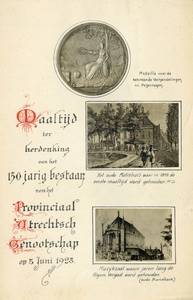 711709 Voorzijde van de menukaart van de ‘Maaltijd ter herdenking van het 150 jarig bestaan van het Provinciaal ...